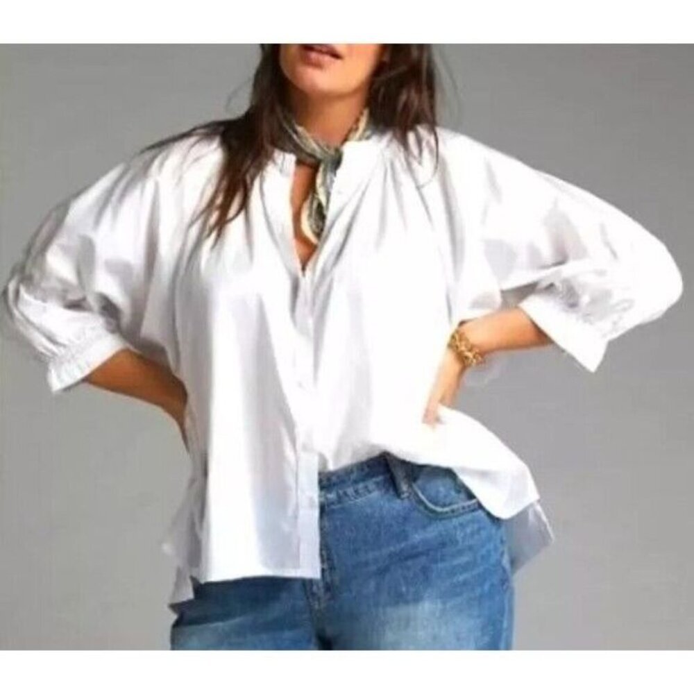 Harshman for Anthropologie 3/4 Sleeve Button-Up Blouse Top White Small Petite